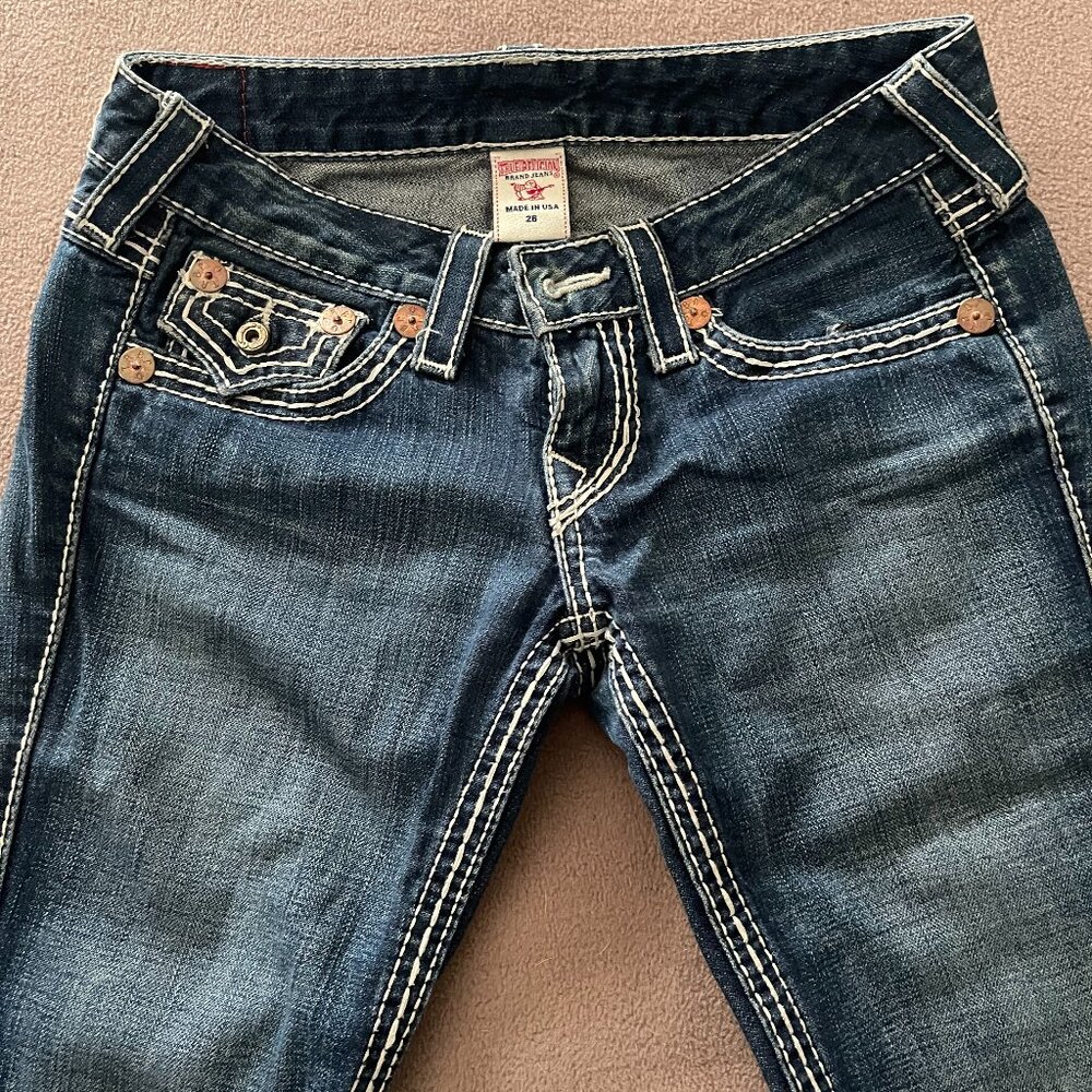 AWESOME Y2K Vintage True Religion Flared Joey Jeans White Stitching 26